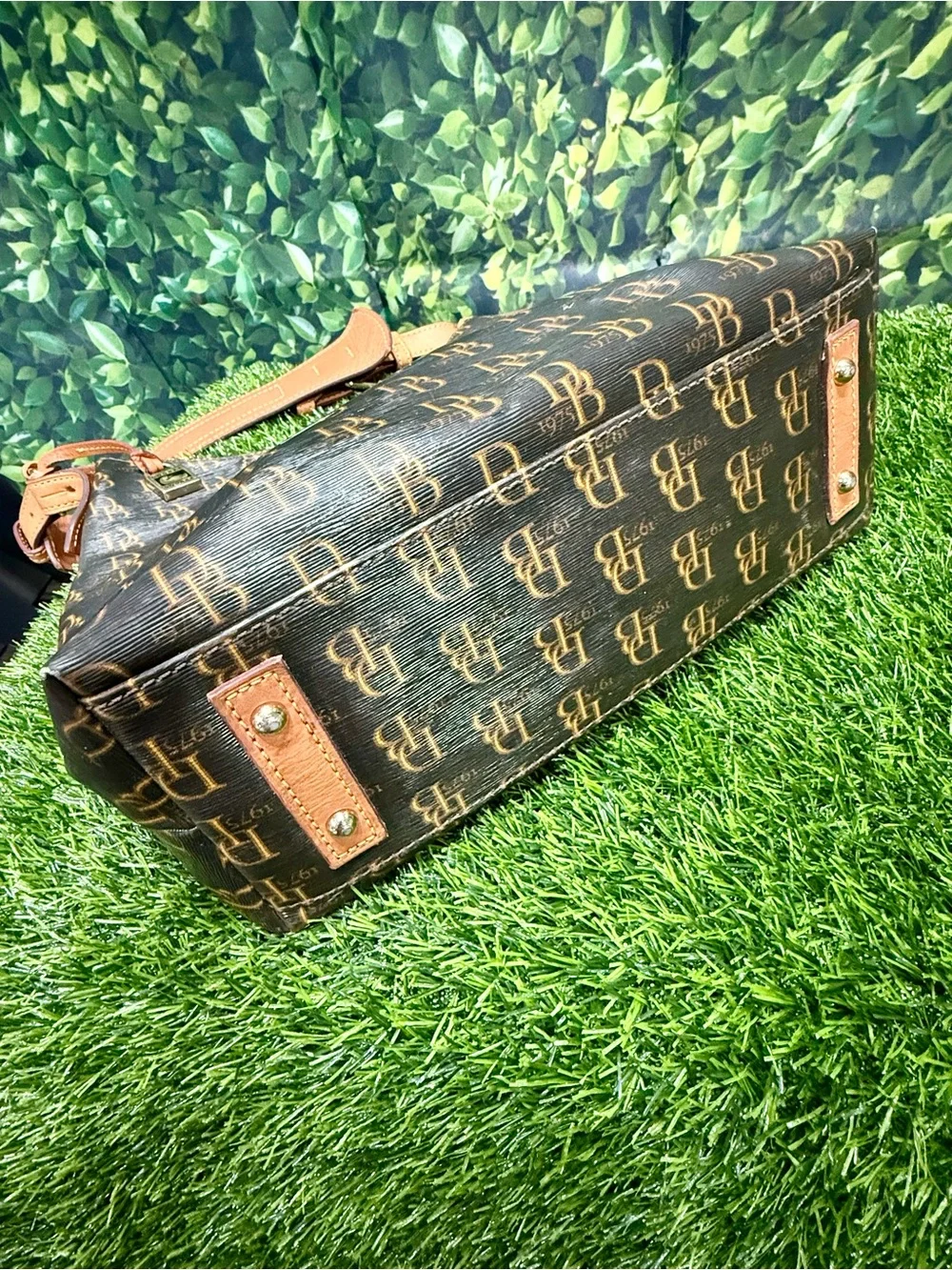 Dooney & Bourke 1975 Collins Monogram Hobo Brown Coated Canvas Leather Trim